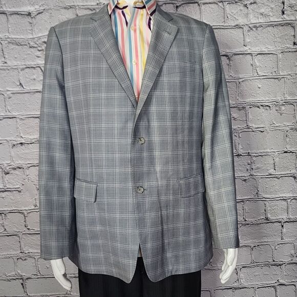 John W Nordstrom Grey Wool/Silk Windowpane Plaid Sports Coat, Mens 44L - Picture 2 of 12